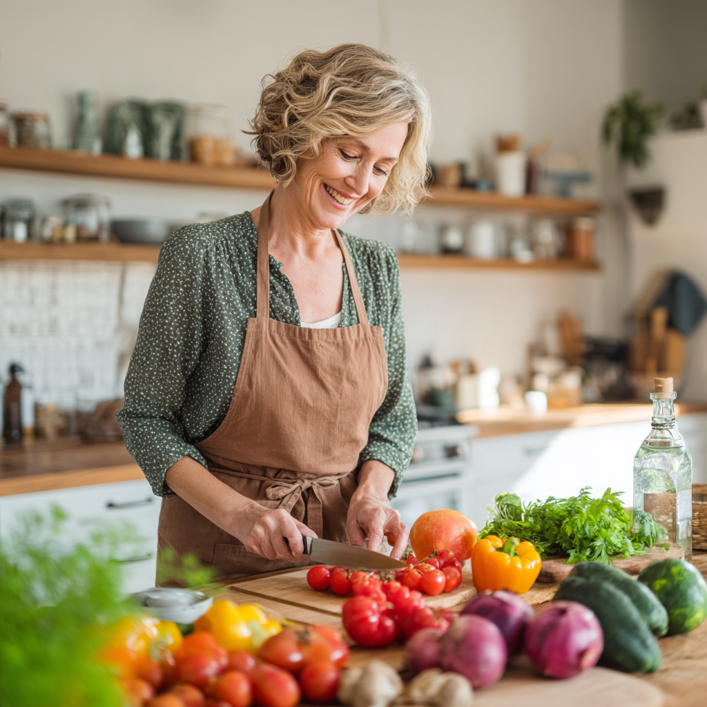 Smiling middle-aged Ukrainian woman in her kitchen preparing a colorful salad with fresh vegetables, natural lighting, wearing a casual green apron