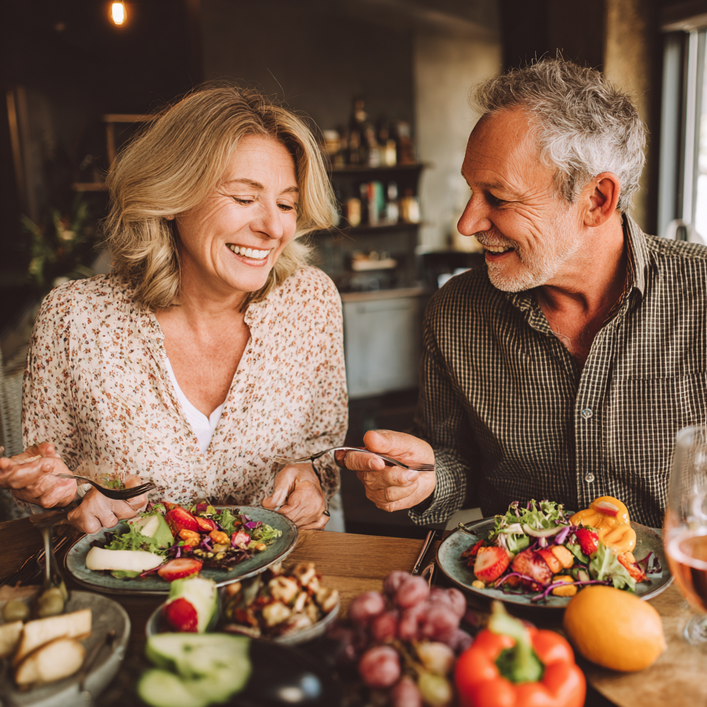 Happy Ukrainian couple in their 50s shopping at a local farmers market, examining fresh vegetables and fruits together, bright natural lighting