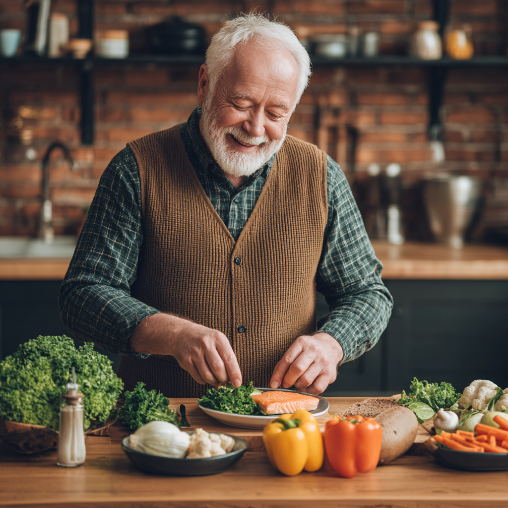 Professional Ukrainian businessman in his 40s eating a healthy lunch at his office desk, smiling while enjoying a salad and looking energized